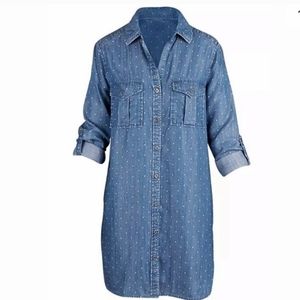 Philosophy Tencel Button Down Chambray Tunic Blue Polka Dot Shirt Dress XL